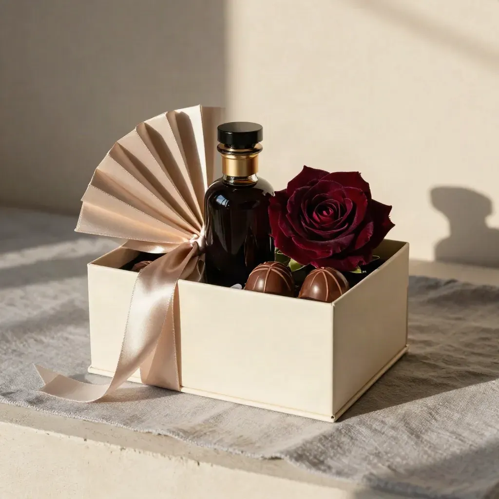 Box regalo con vino rosso, rosa e cioccolatini su lino crema e sfondo chiaro