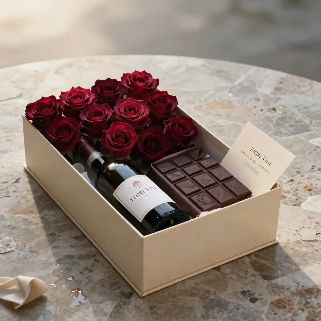 Box regalo con rose, vino rosso e cioccolato su travertino, luce morbida del mattino.