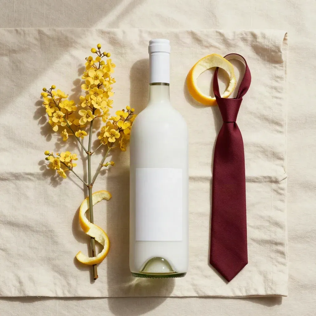 Flatlay zenitale di Vermentino e Mimosa con bottiglia bianca, mimosa e scorza d’agrume su lino crema