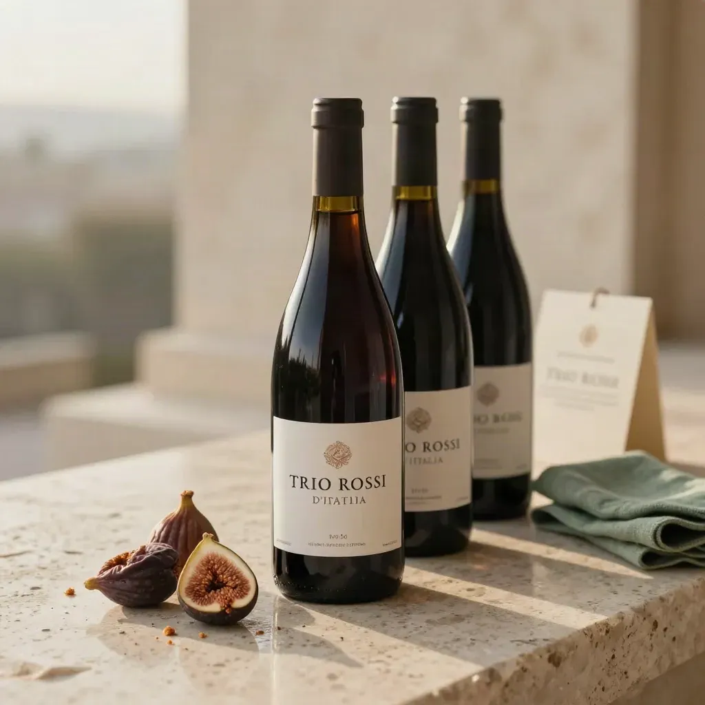 Tre bottiglie di vino rosso con fichi secchi su pietra, stile elegante e naturale.