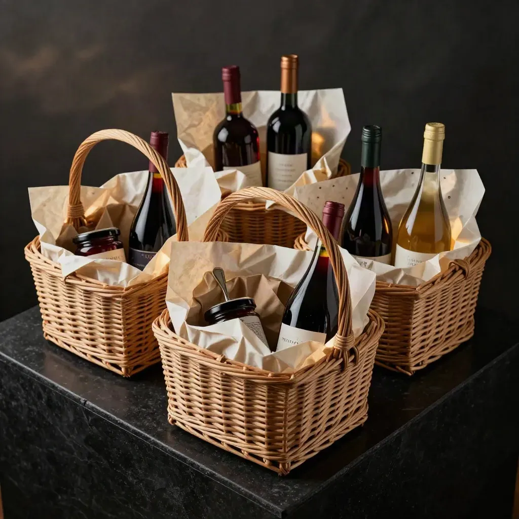 Cesti regalo aziendali con vino e carta color crema e borgogna in scena elegante.