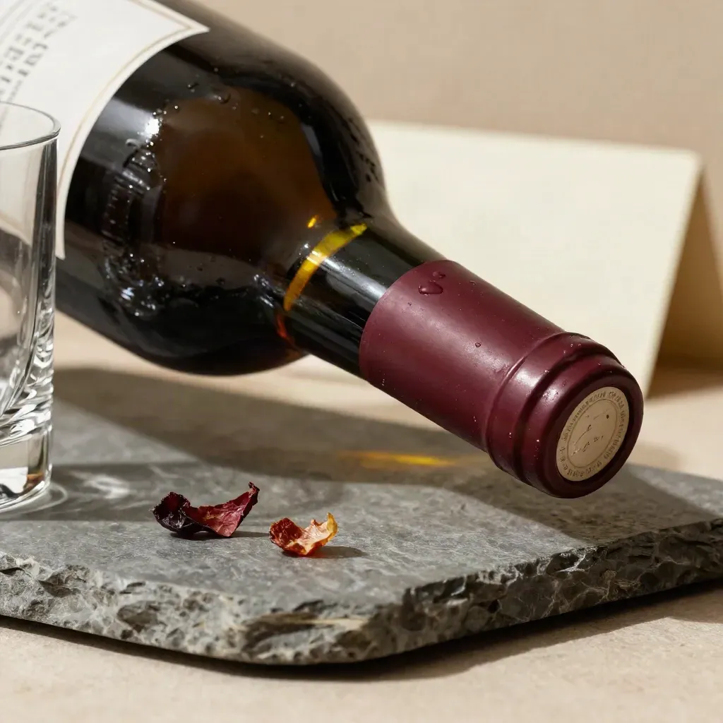 Bottiglia di Barbera d'Asti senza etichetta, bicchiere basso e tagliere in pietra.